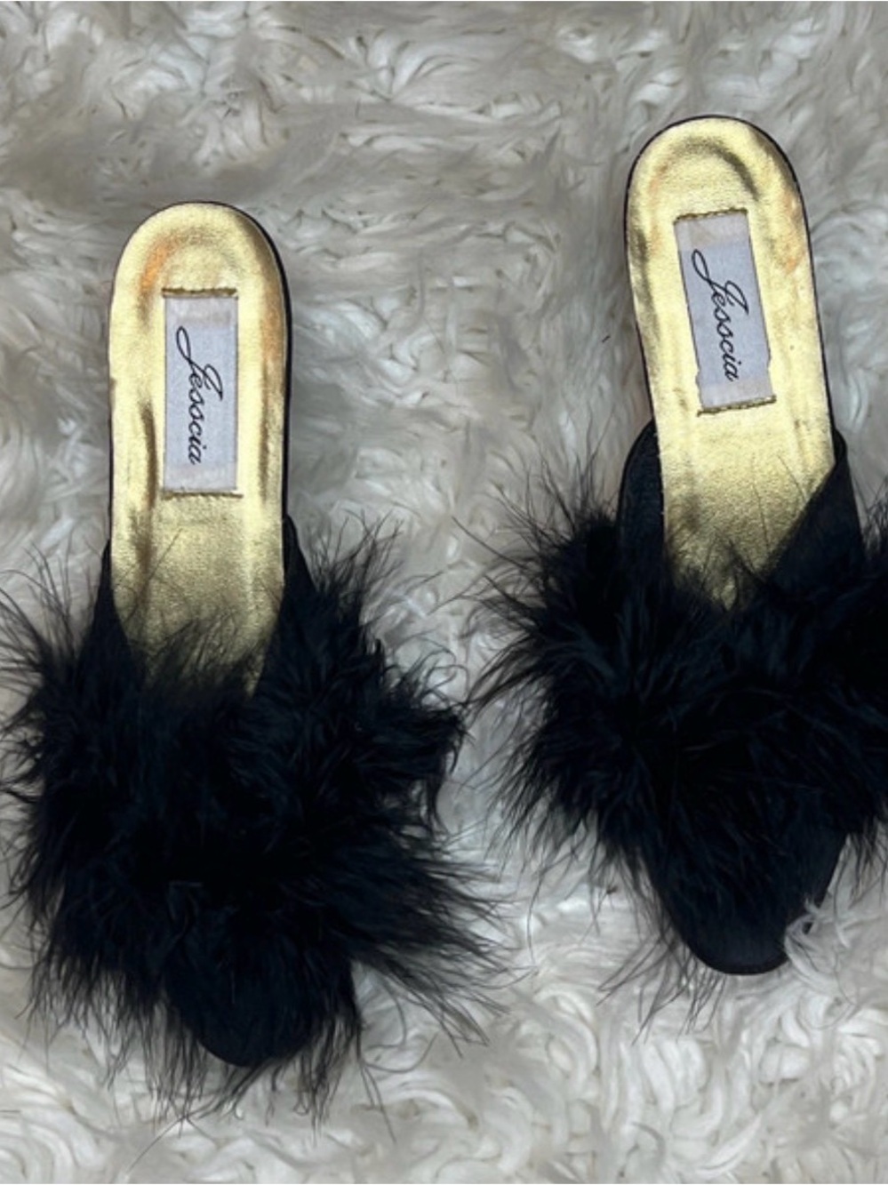 VTG Jessica Black Feather Kitten heel Sandals with Gold Insole